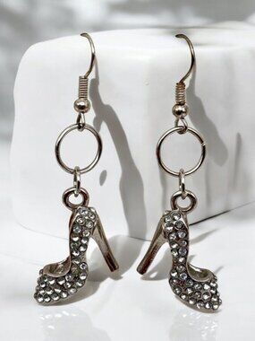 High Heel Shoes Dangle Earrings Silver Tone Rhinestone Glamorous Statement